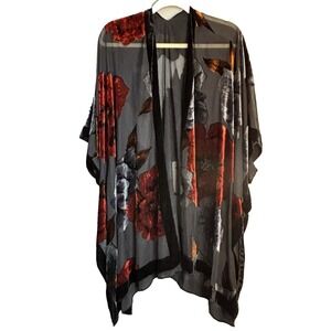 Velvet Floral Kimono Cardigan OS Black Red Whimsy Goth Fairy Dark Romantic Boho